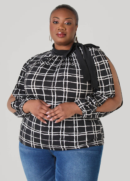 Windowpane Split Sleeved Top