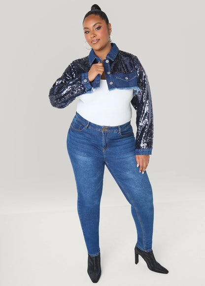 Sequined Cropped Denim Jacket