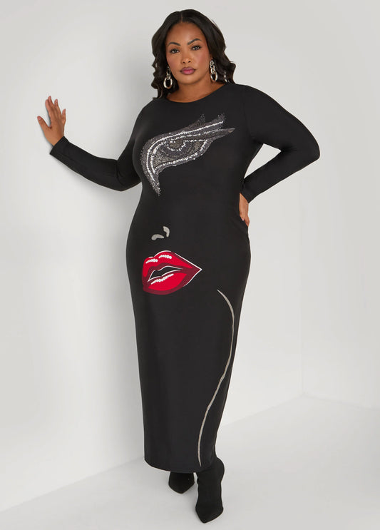 Glittered Face Graphic Maxi Dress