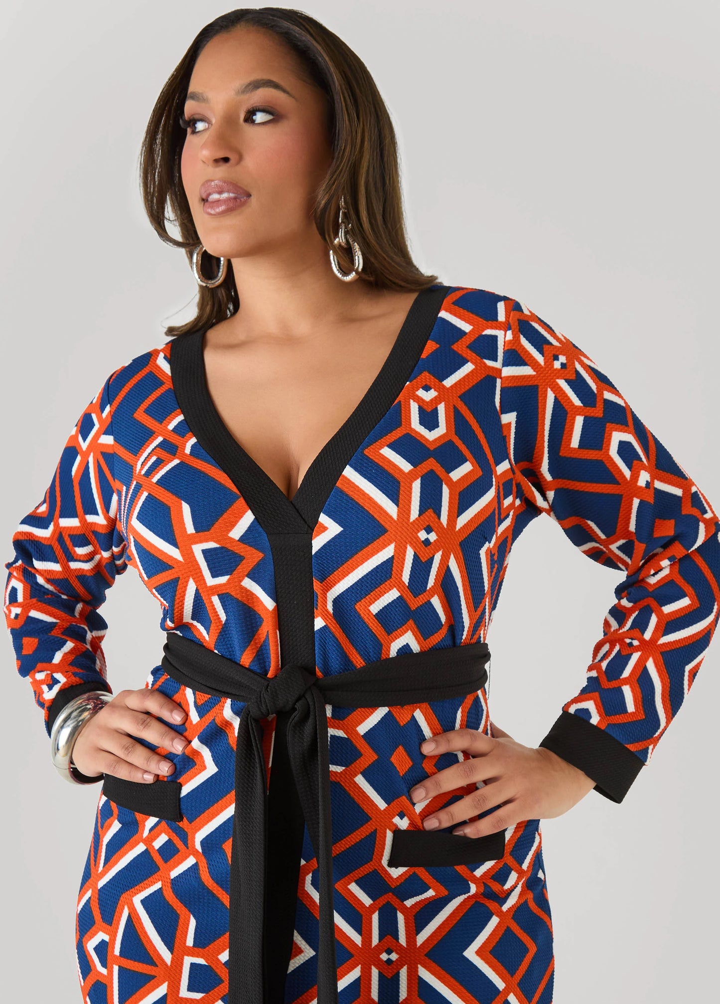 Belted V Neck Geo Print Maxi Dress