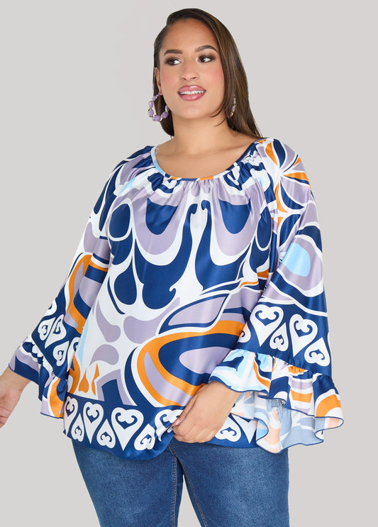 Ruffled Printed Satin Blouse