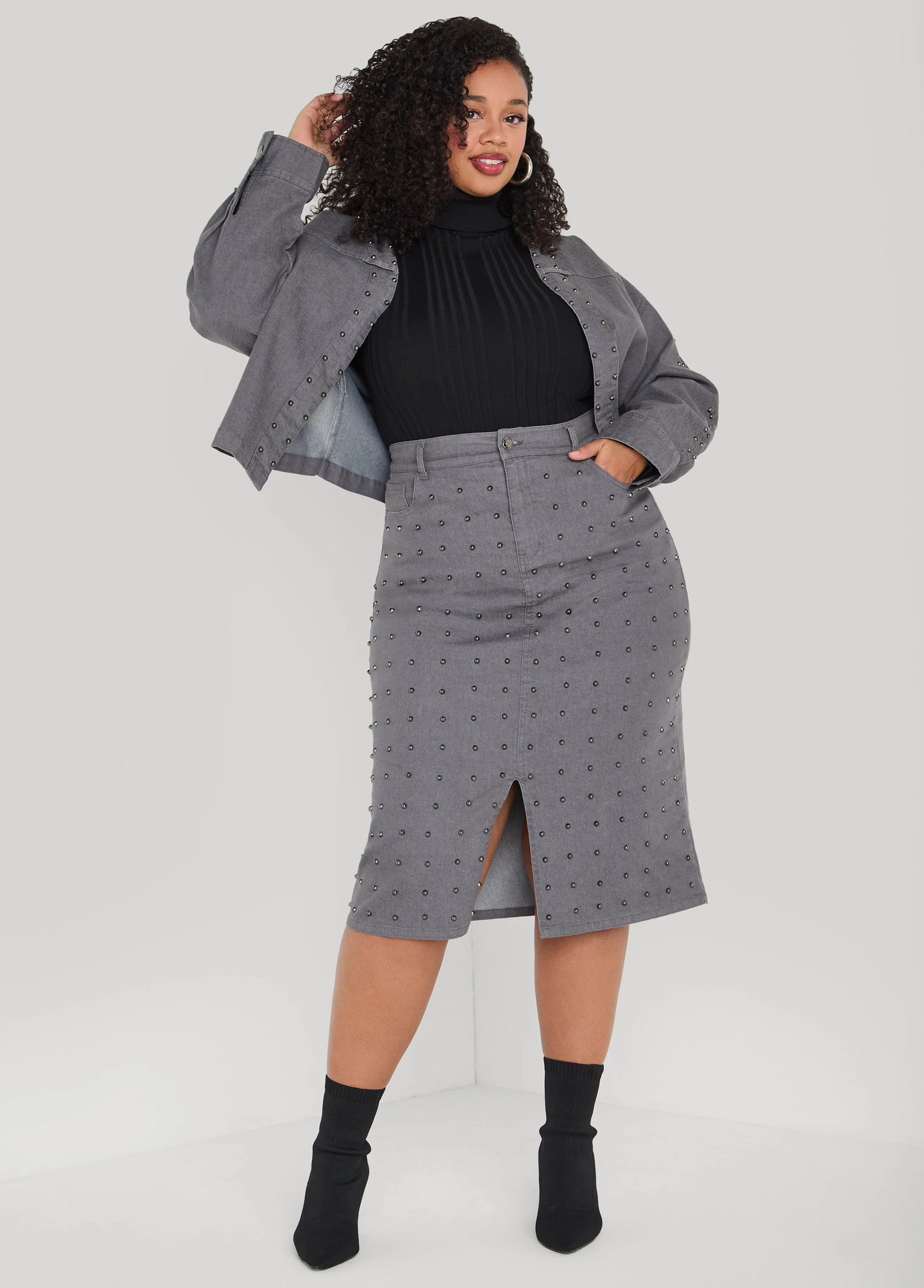 Studded Front Split Denim Skirt