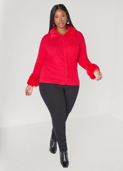 Faux Fur Trimmed Ribbed Cardigan