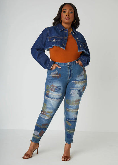 Cropped Frayed Denim Jacket