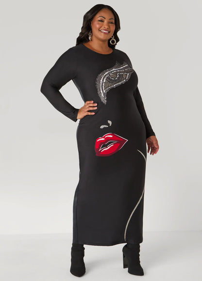 Glittered Face Graphic Maxi Dress