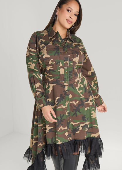 Tulle Trimmed Camo Midi Dress
