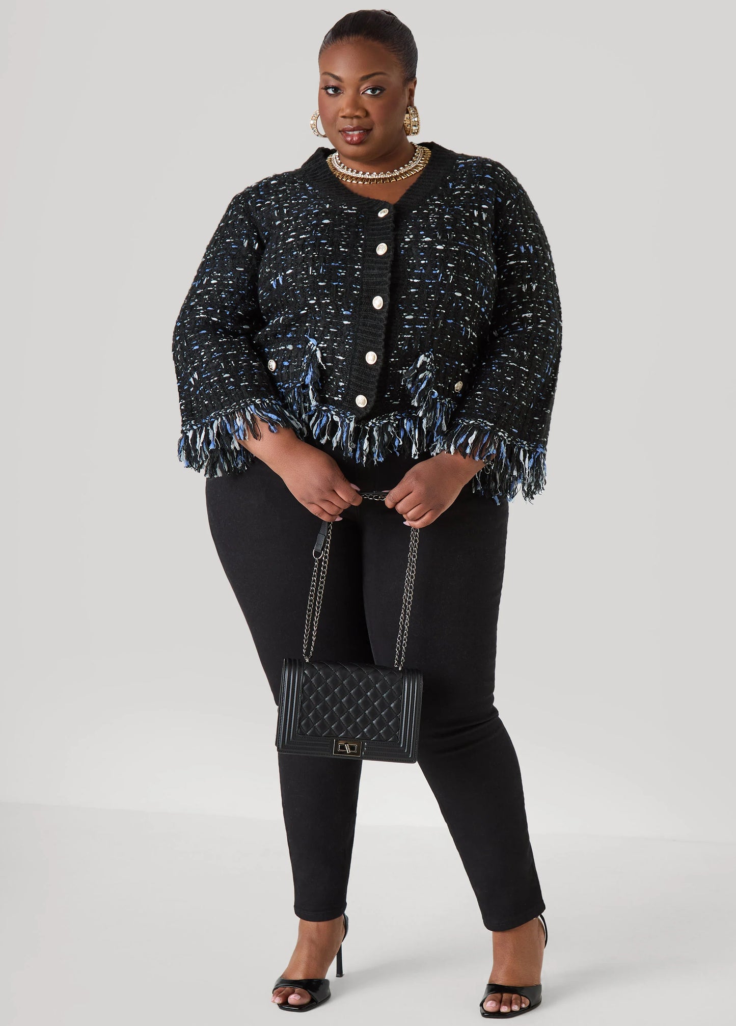 Frayed Boucle Knit Cardigan
