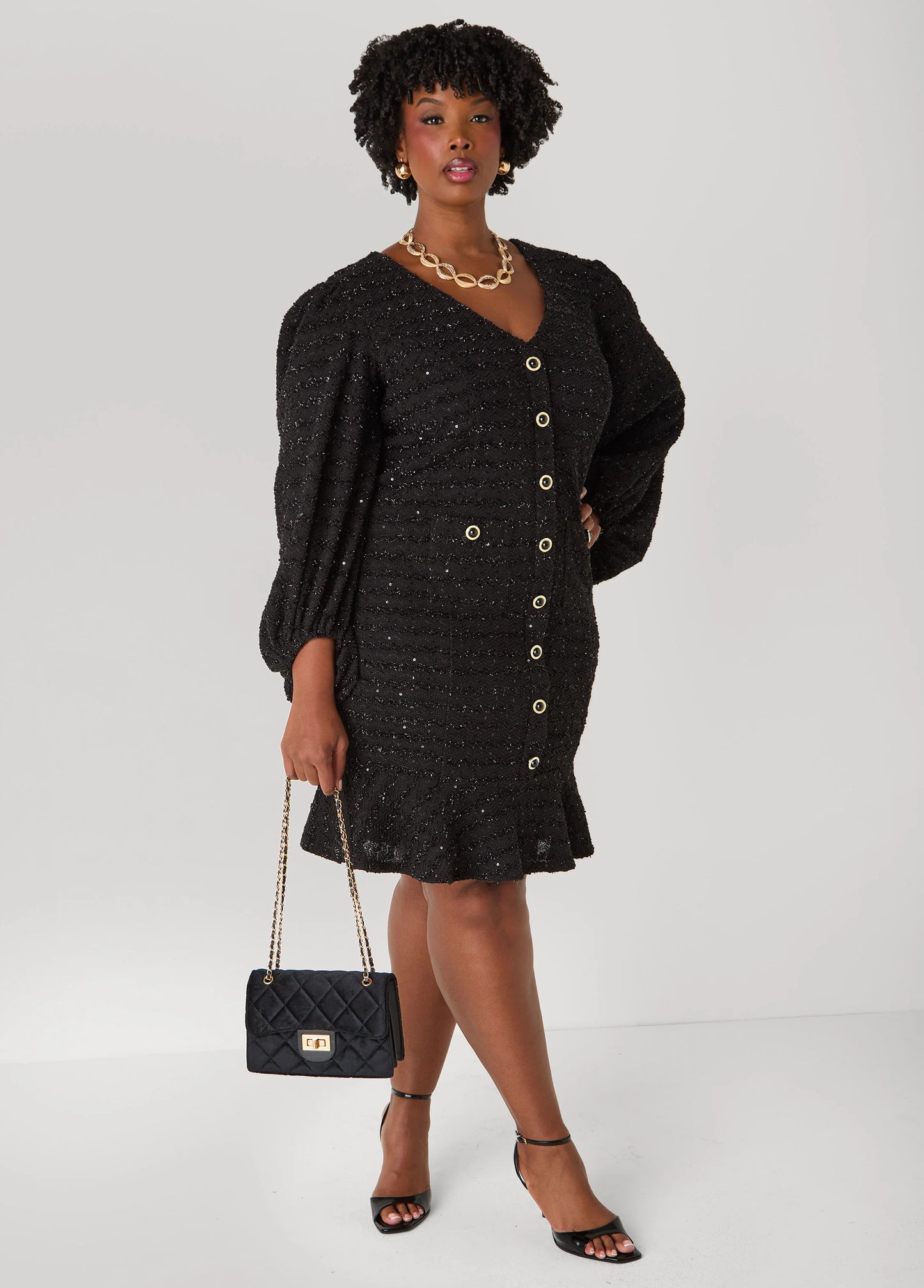 Flounced Boucle Sheath Dress