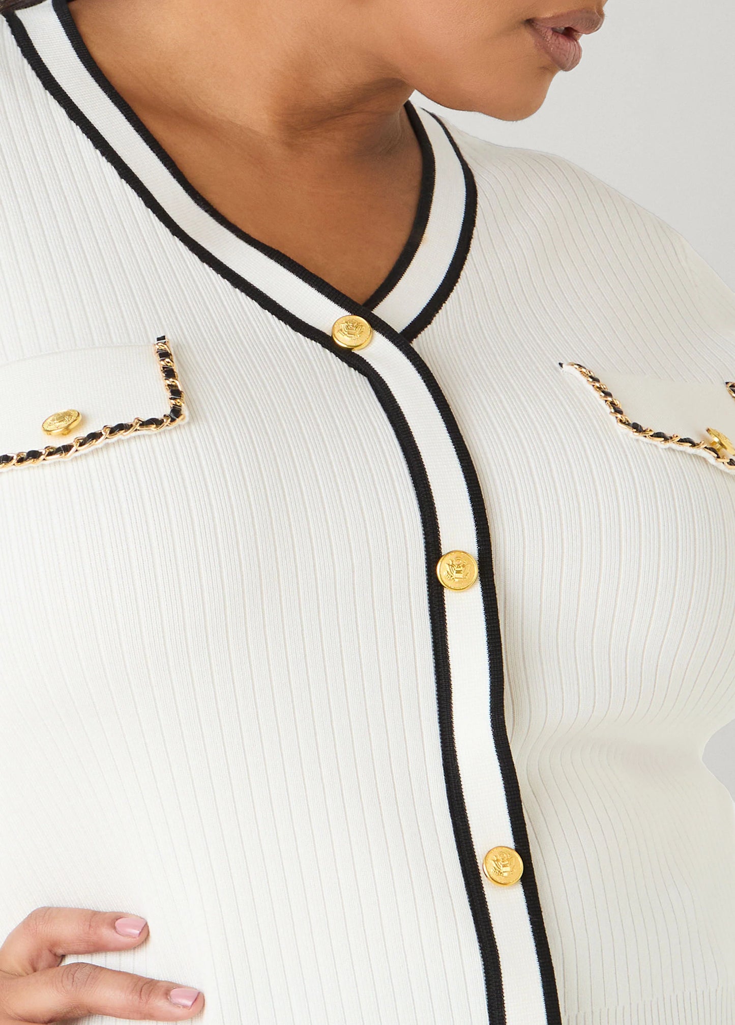 Faux Leather Chain Trimmed Sweater
