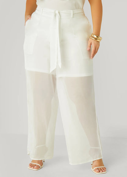Belted Chiffon Straight Leg Pants