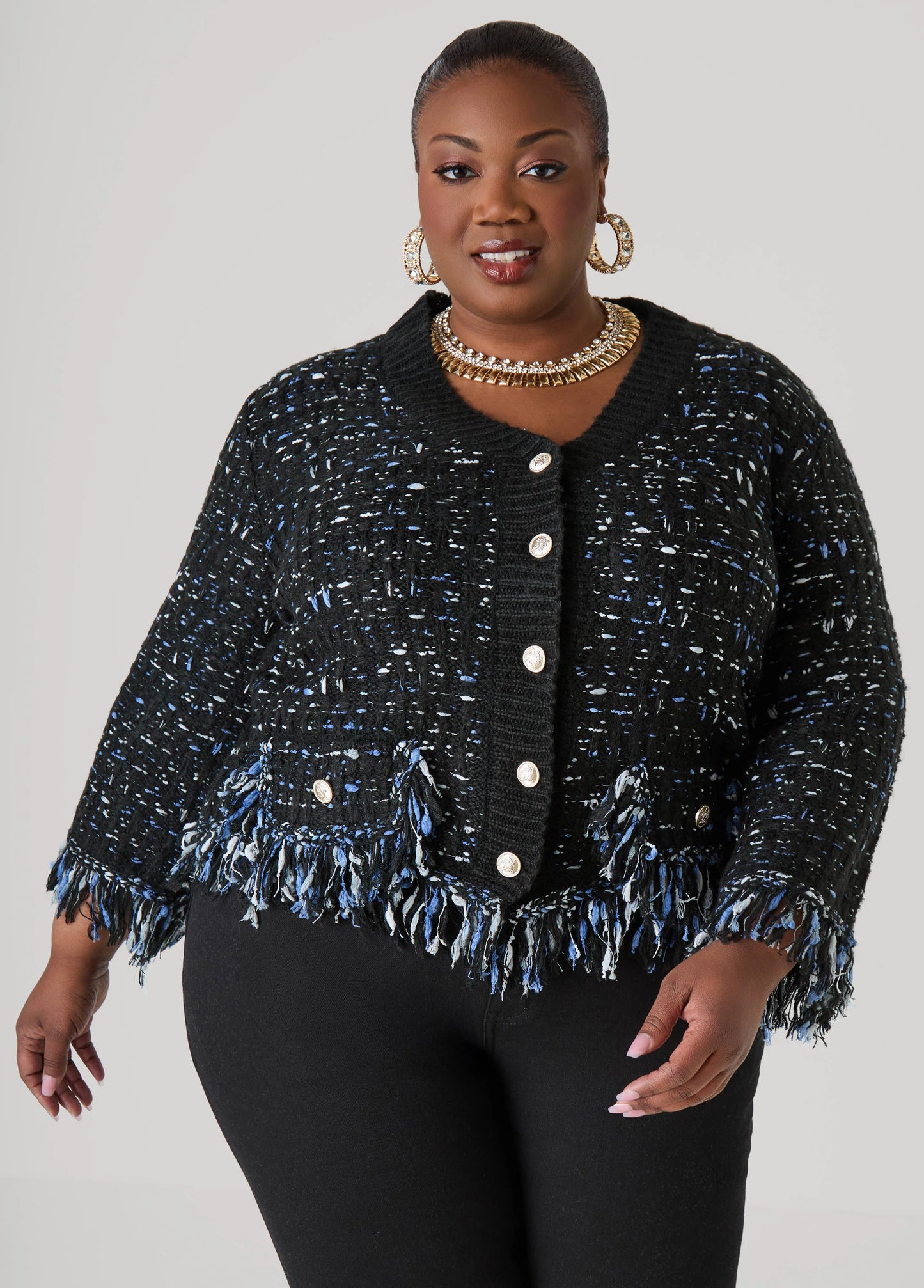 Frayed Boucle Knit Cardigan