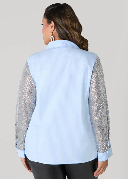 Sequined Paneled Striped Shirt