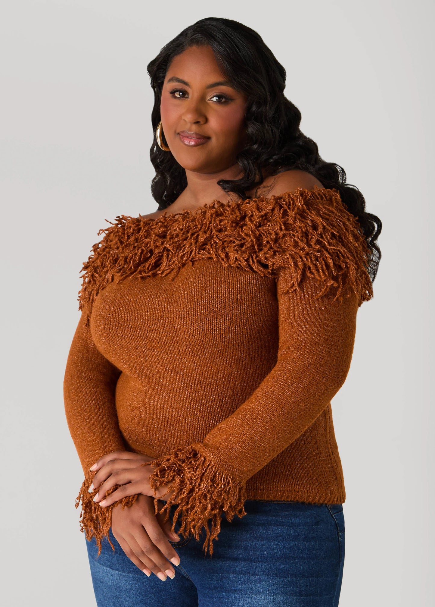 Fringed Off The Shoulder Sweater