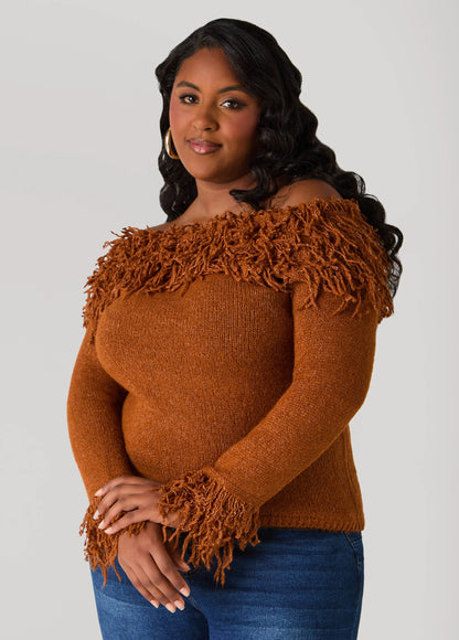 Fringed Off The Shoulder Sweater