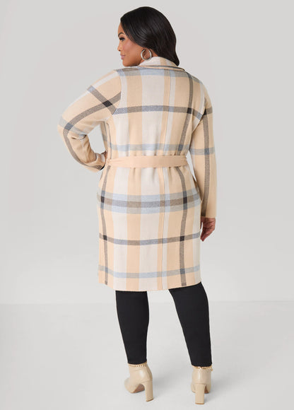Belted Plaid Cardigan