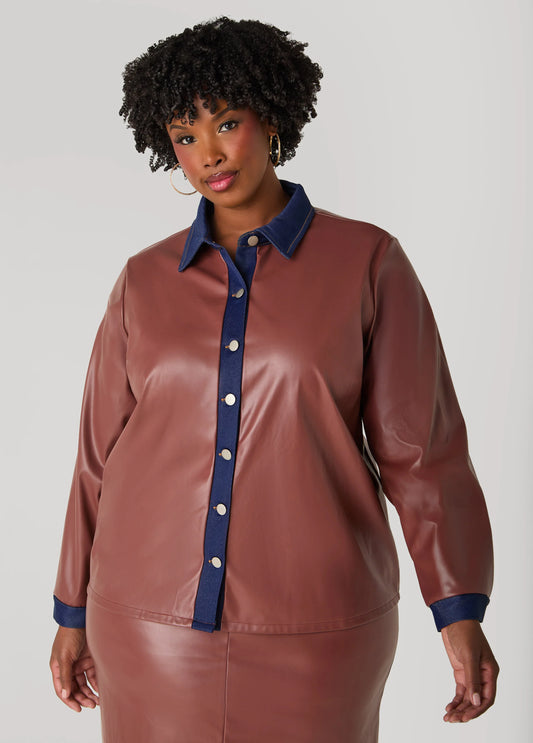 Denim Trimmed Faux Leather Shirt