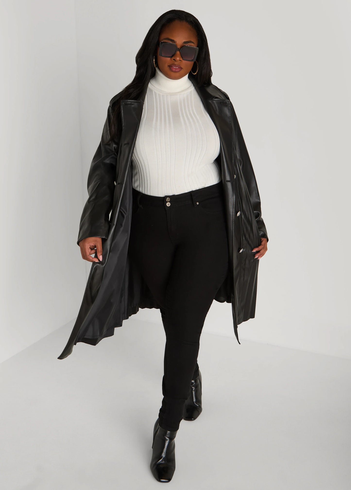 Pleated Faux Leather Trench Coat