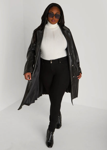 Pleated Faux Leather Trench Coat