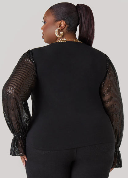 Sequin Mesh Paneled Faux Wrap Top
