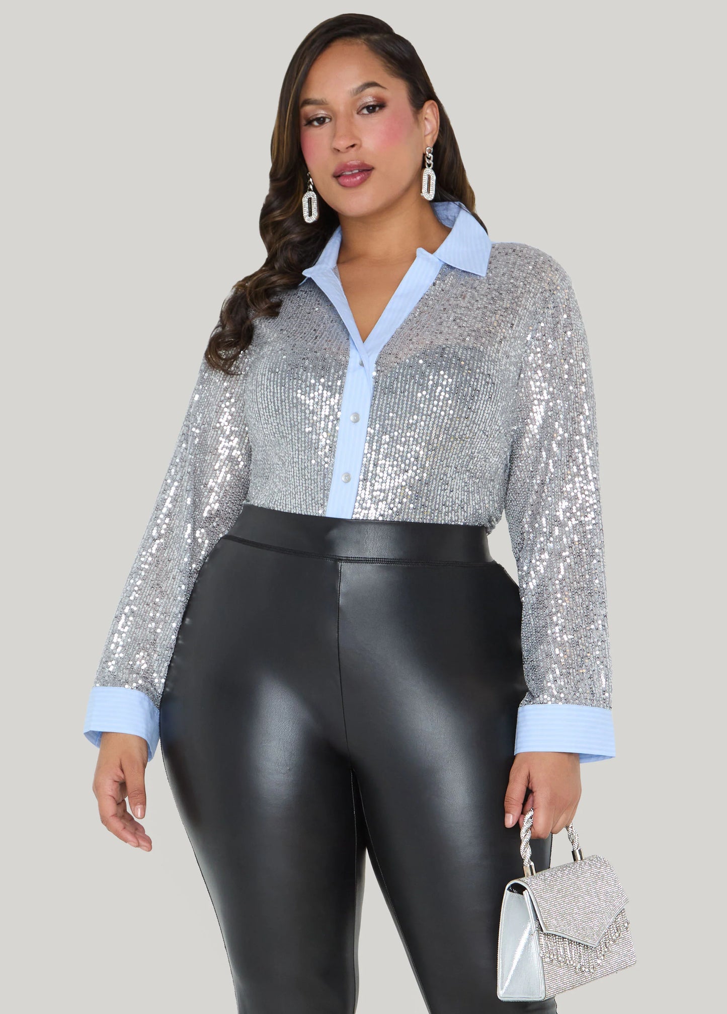 Sequined Paneled Striped Shirt
