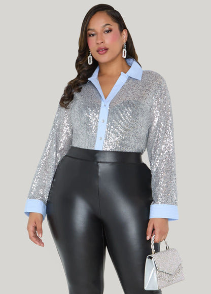 Sequined Paneled Striped Shirt