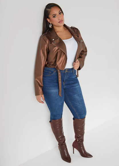 Cropped Faux Leather Moto Jacket