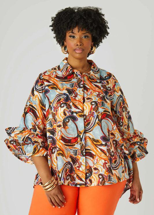 Paisley Print Ruffle Sleeved Shirt