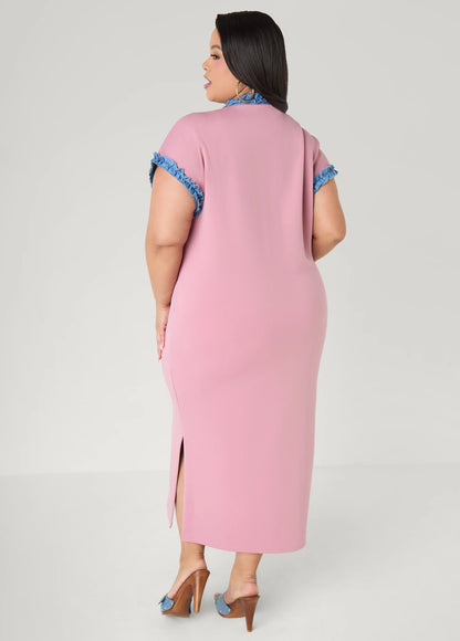 Denim Trimmed Bodycon Maxi Dress
