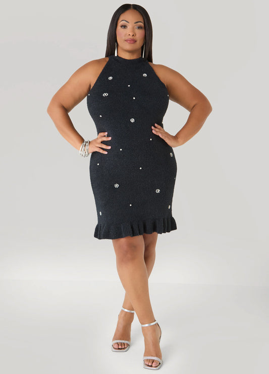 Flounced Embellished Sweater Dress