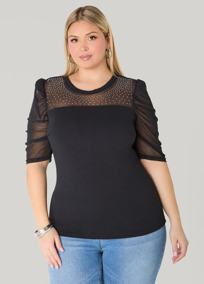 Crystal Mesh Paneled Textured Top