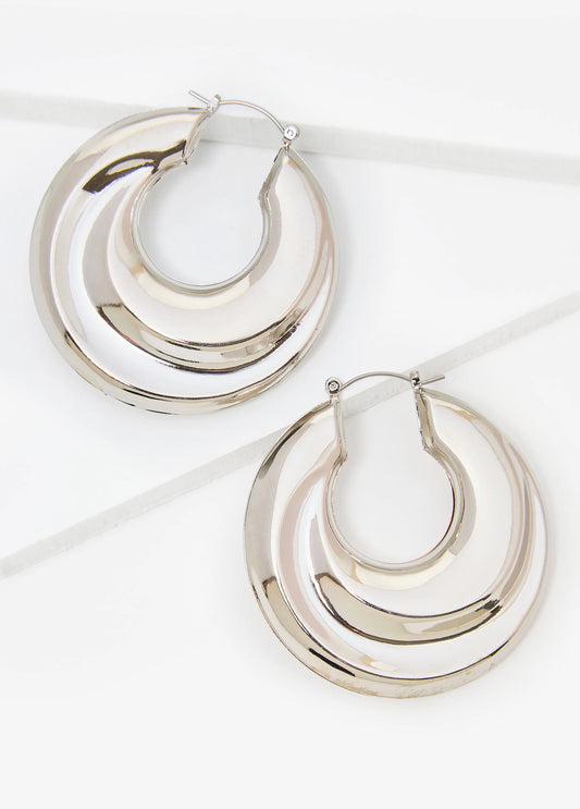 Silver Tone Puff Hoop Earrings