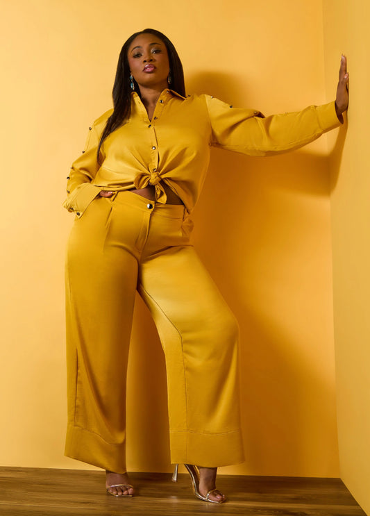 Pleated Satin Wide Leg Pants