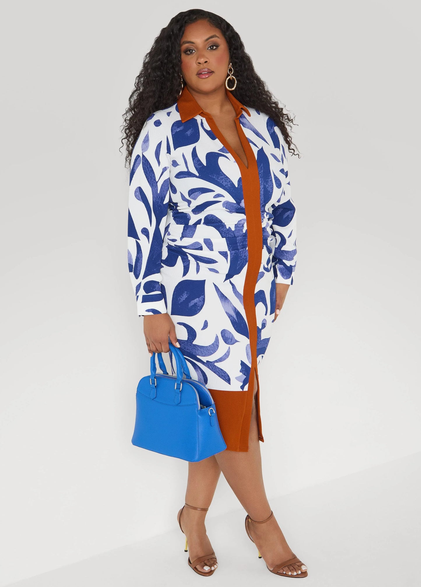 Ruched Leaf Print Bodycon Dress