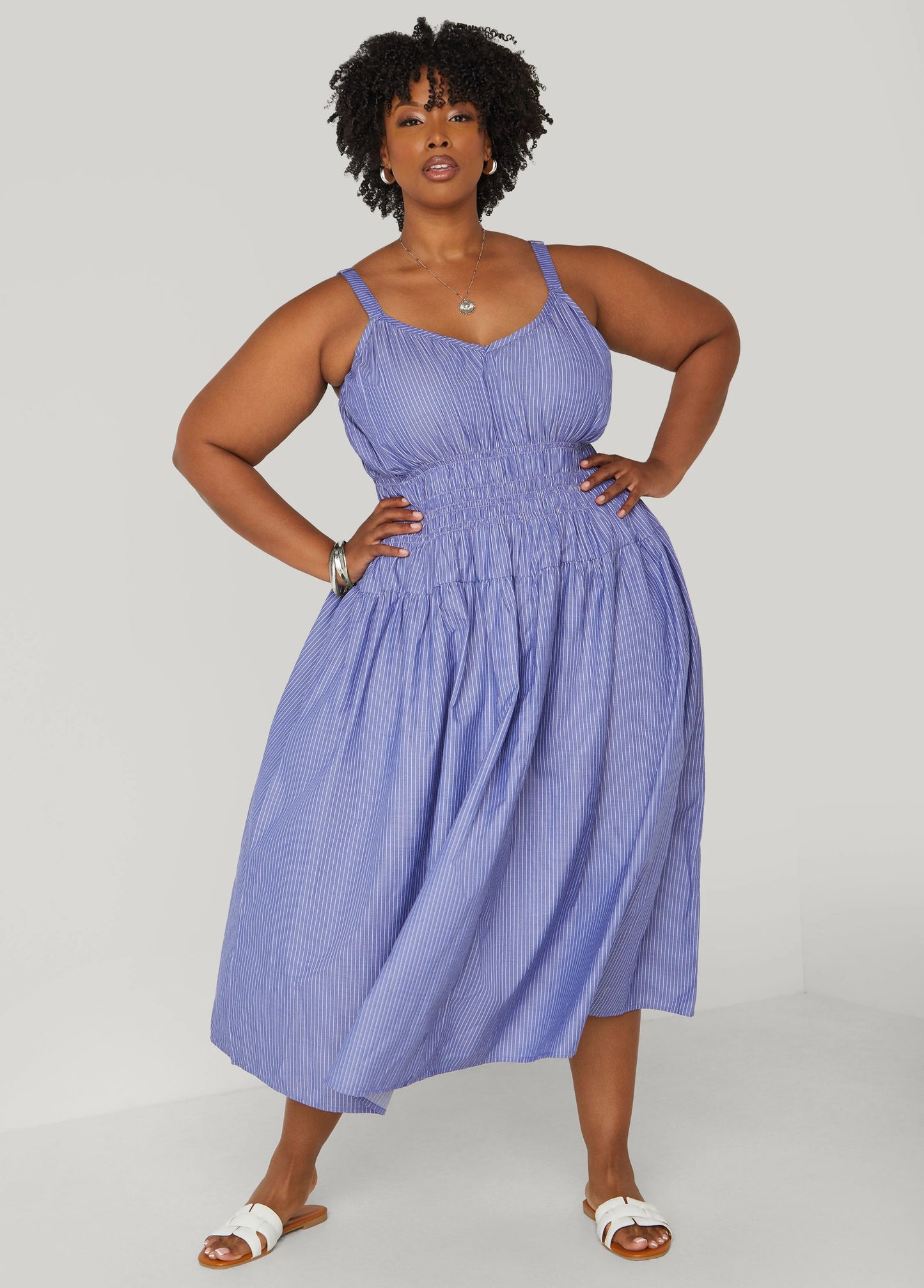 Shirred Striped Midaxi Dress