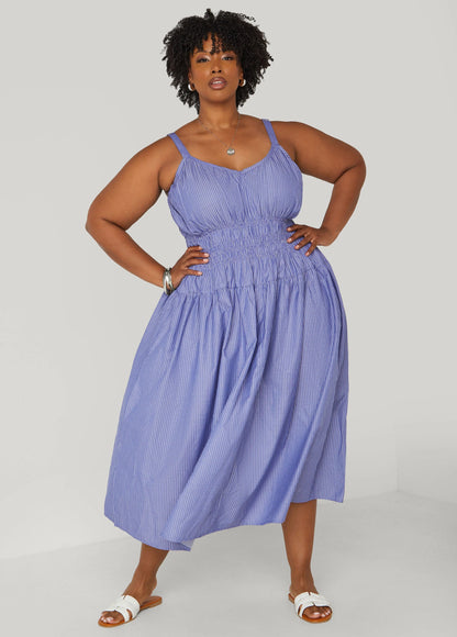 Shirred Striped Midaxi Dress