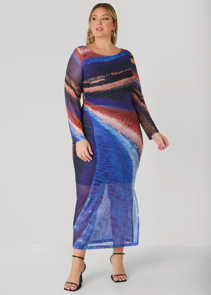 Printed Mesh Bodycon Maxi Dress