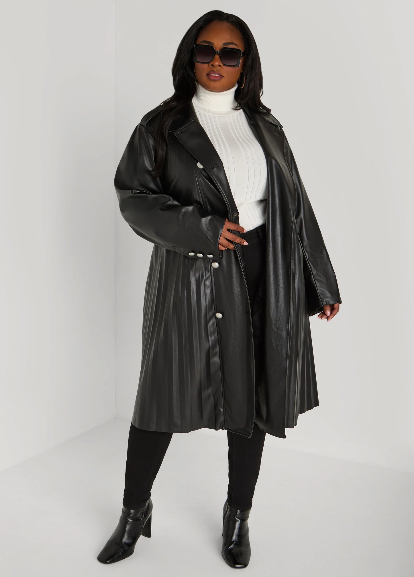 Pleated Faux Leather Trench Coat