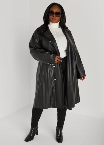 Pleated Faux Leather Trench Coat