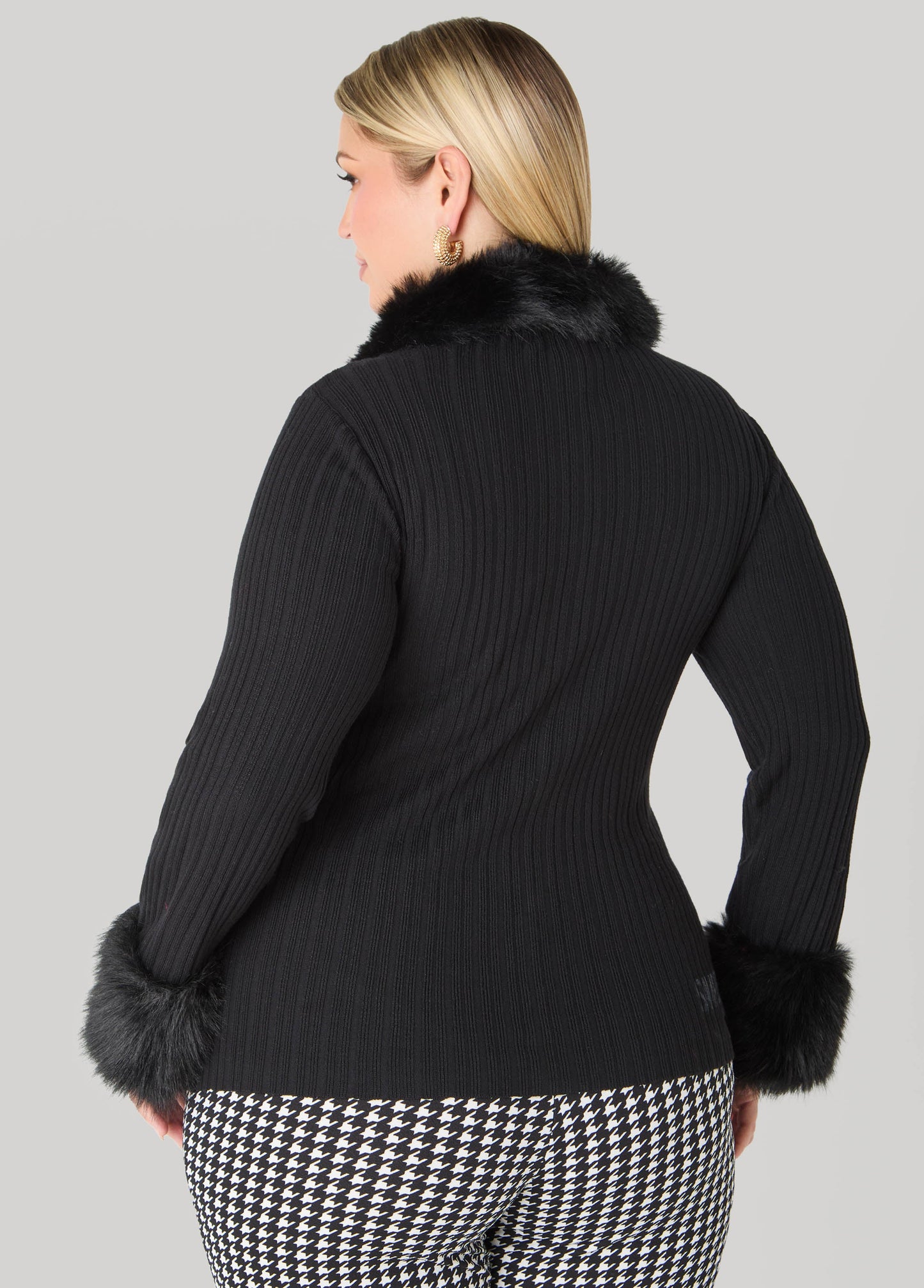 Faux Fur Trimmed Ribbed Cardigan