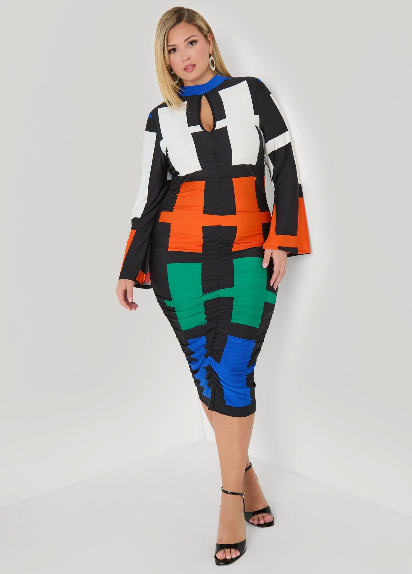Ruched Geo Print Bodycon Dress