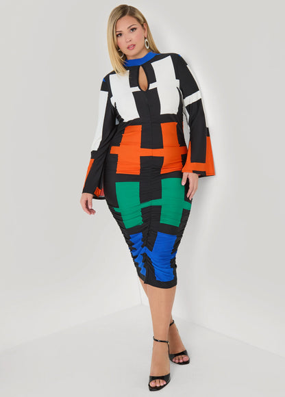 Ruched Geo Print Bodycon Dress
