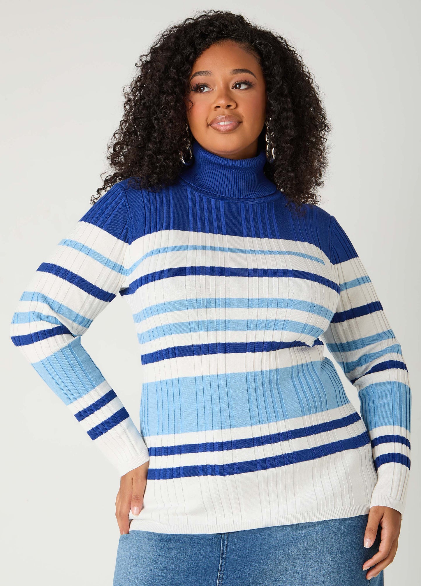 Striped Ribbed Turtleneck Sweater