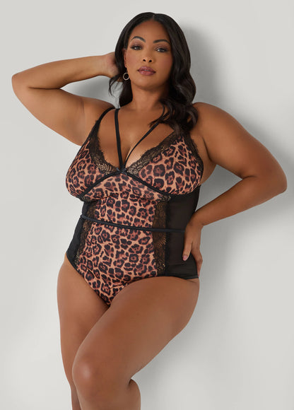 Leopard Panel Crotchless Bodysuit