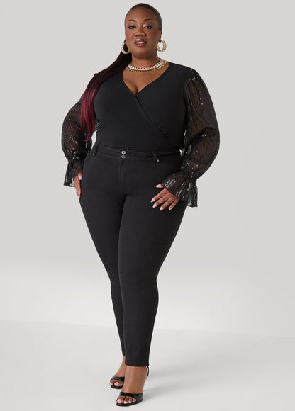 Sequin Mesh Paneled Faux Wrap Top