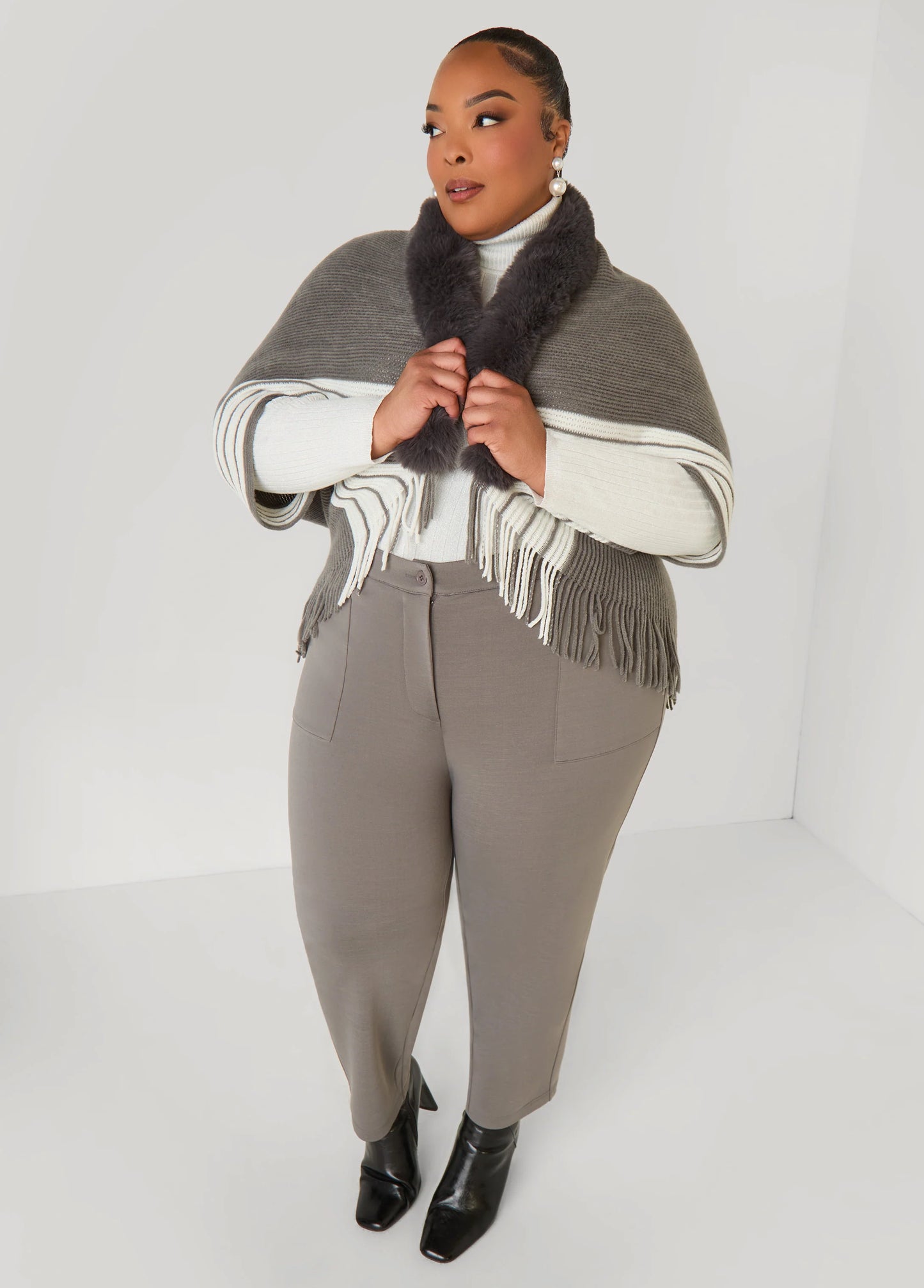 Striped Faux Fur Trimmed Poncho