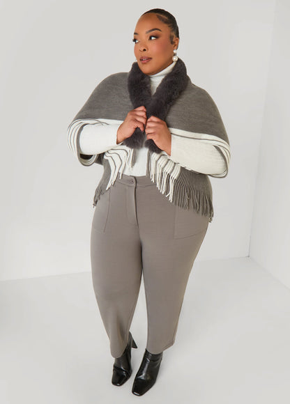 Striped Faux Fur Trimmed Poncho