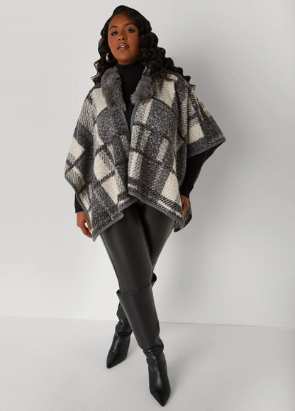 Faux Fur And Plaid Boucle Poncho