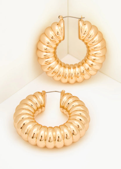 Ribbed Gold Tone Hoop Earrings