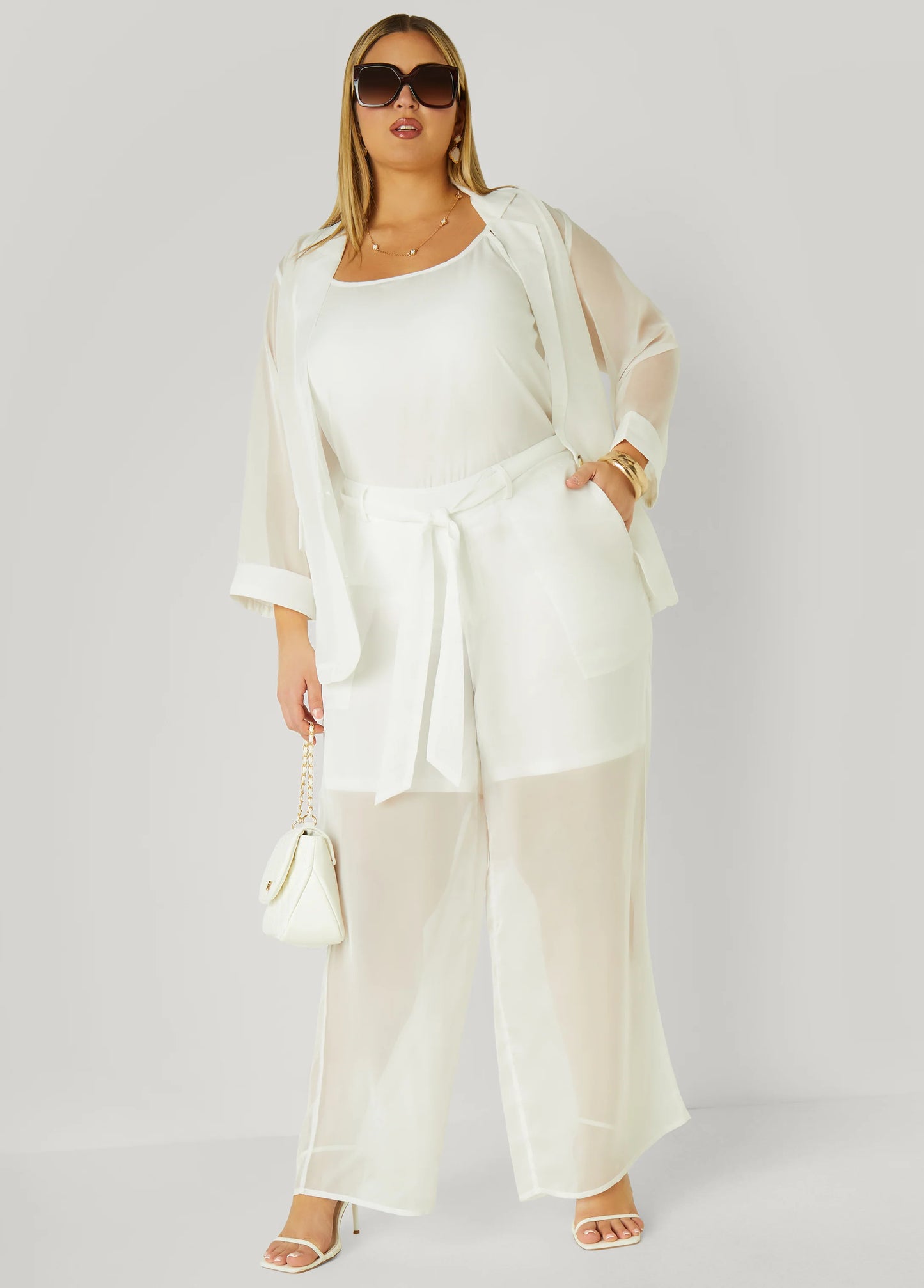 Belted Chiffon Straight Leg Pants