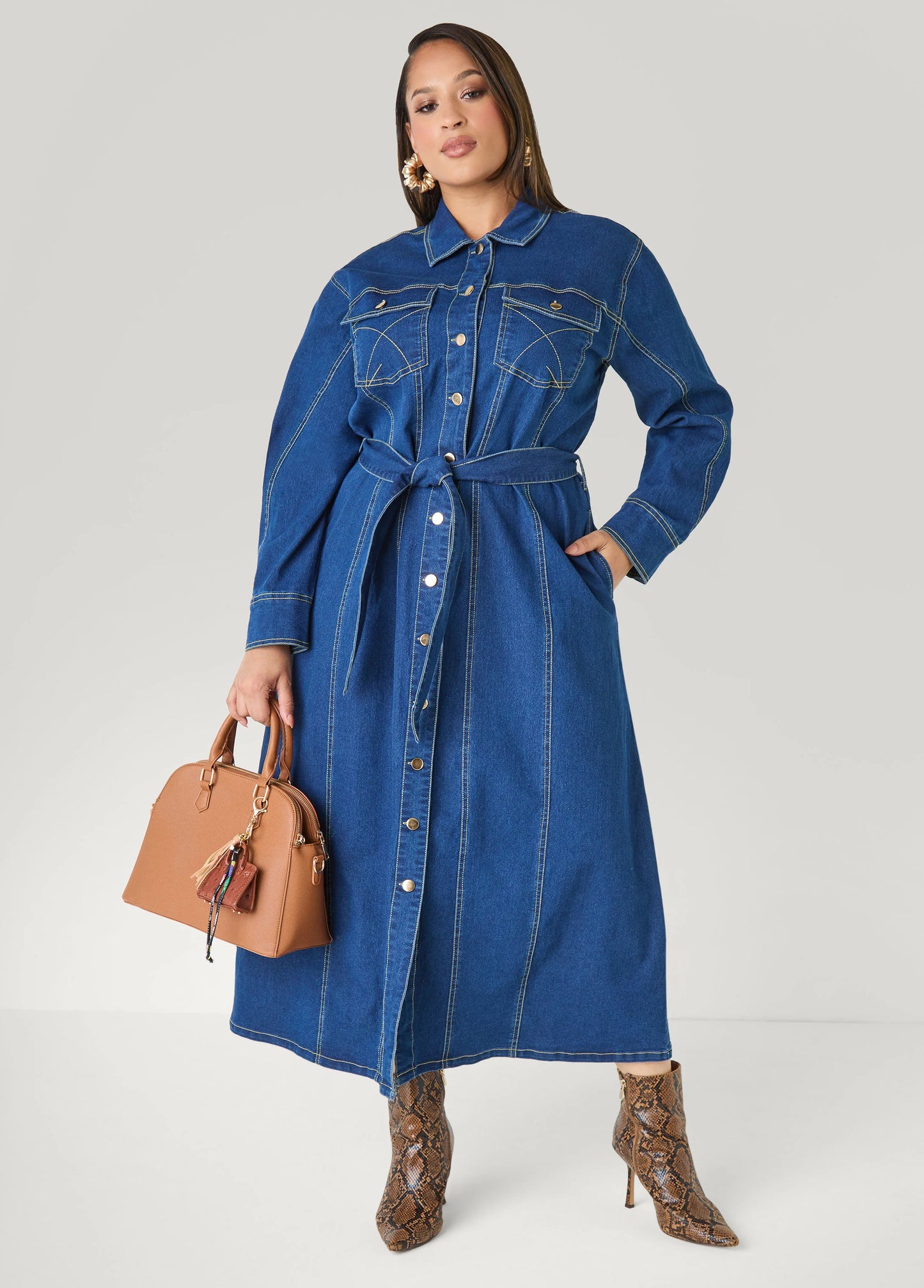 Belted Denim Maxi Shirtdress